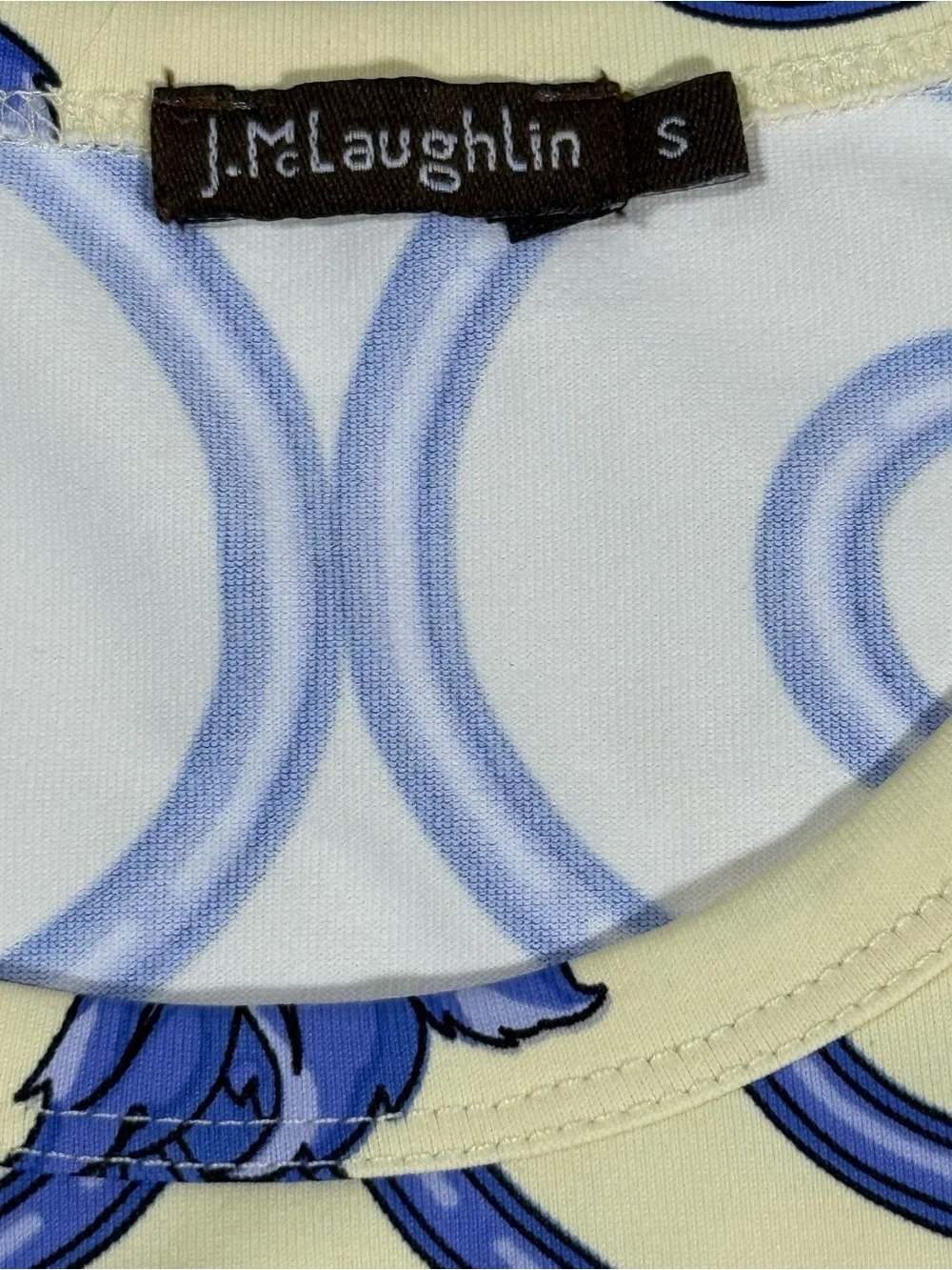 J McLaughlin Top Sz Small Equestrian Scroll Print Blue Gold Stretch Knit Casual - Picture 6 of 8
